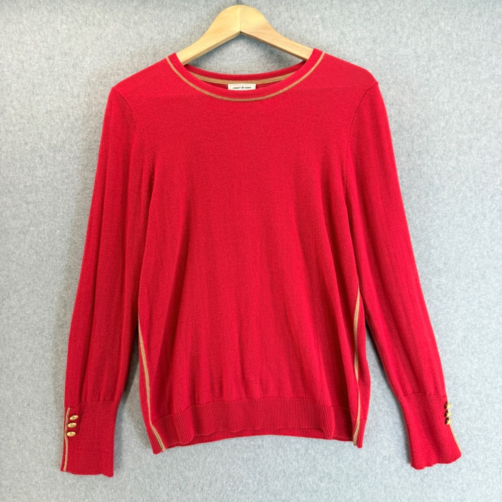 Court & Rowe Red Crewneck Sweater Gold Stripe Trim Detail Long Sleeve Size Large